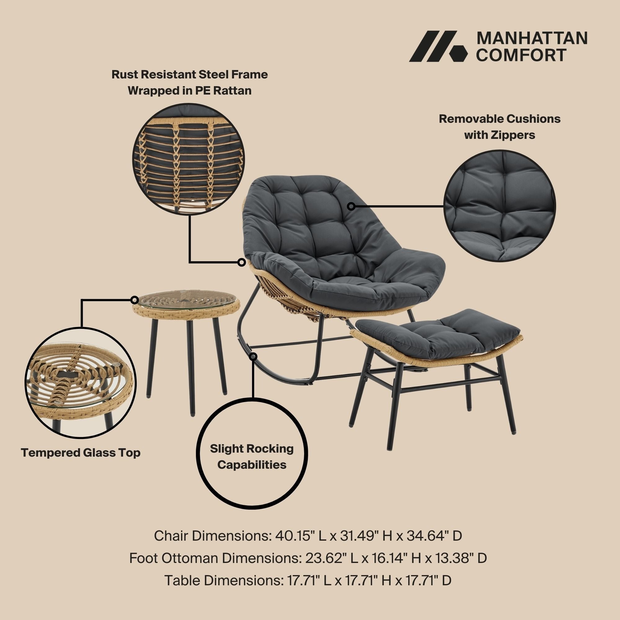 Manhattan Comfort Benson 3-Piece Outdoor Lounge Chair Set