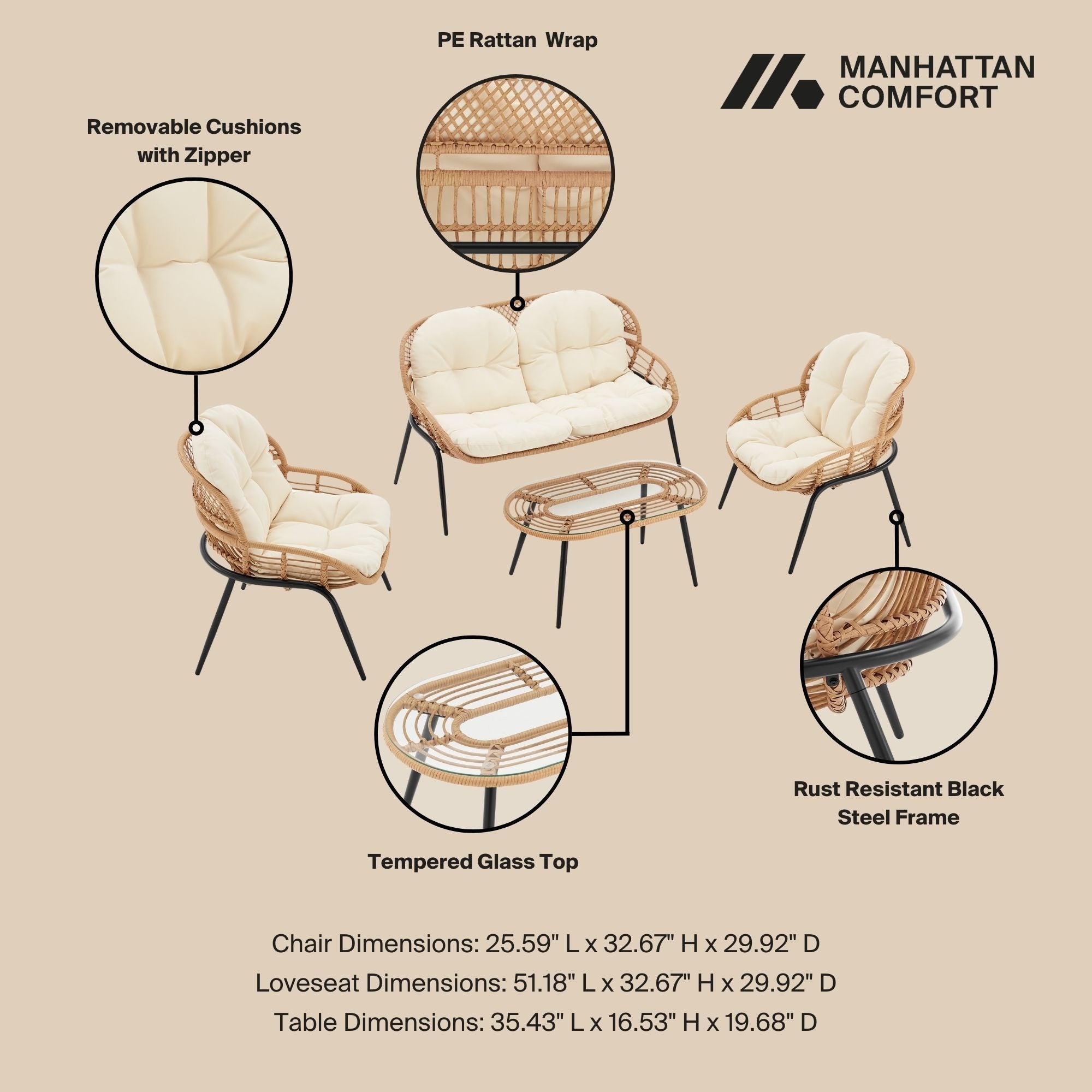 Manhattan Comfort Pine 4-Piece Conversation Set