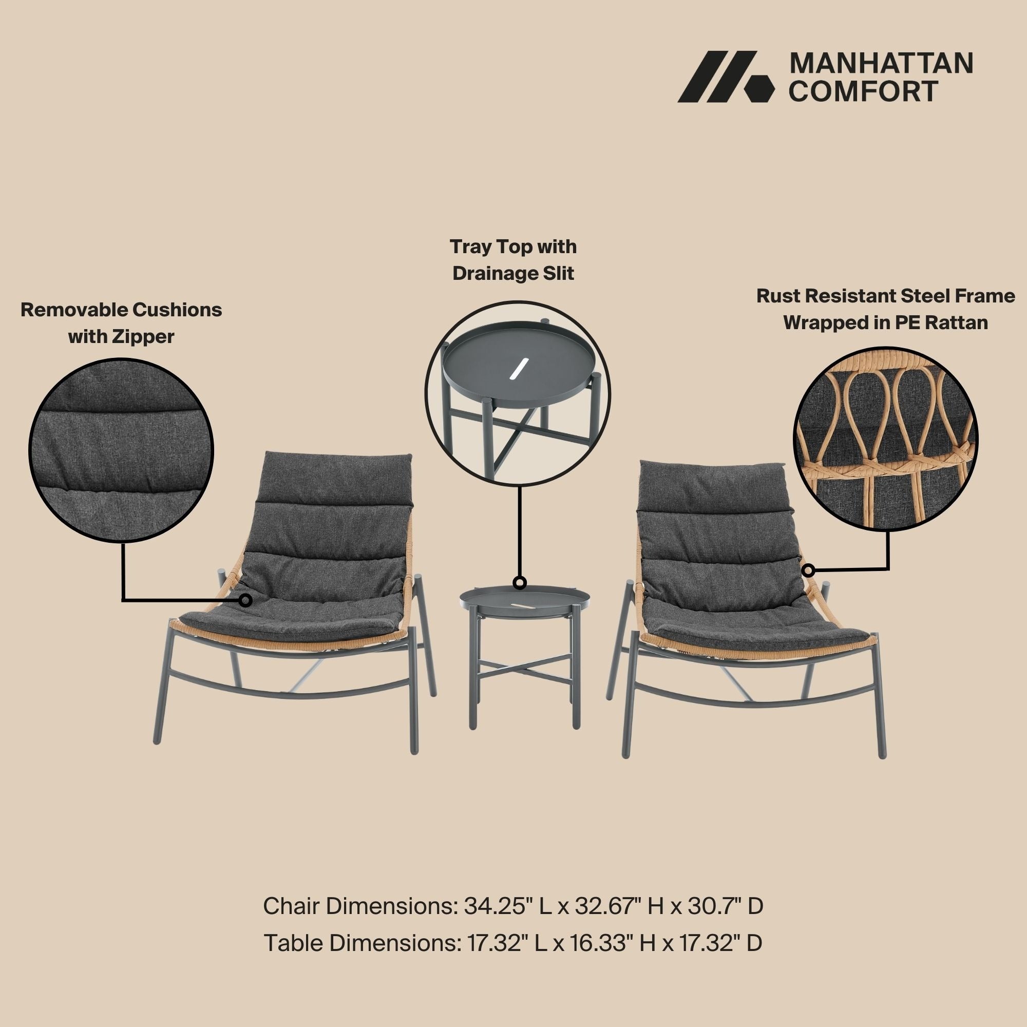 Manhattan Comfort Sunset 3-Piece Outdoor Conversation Set