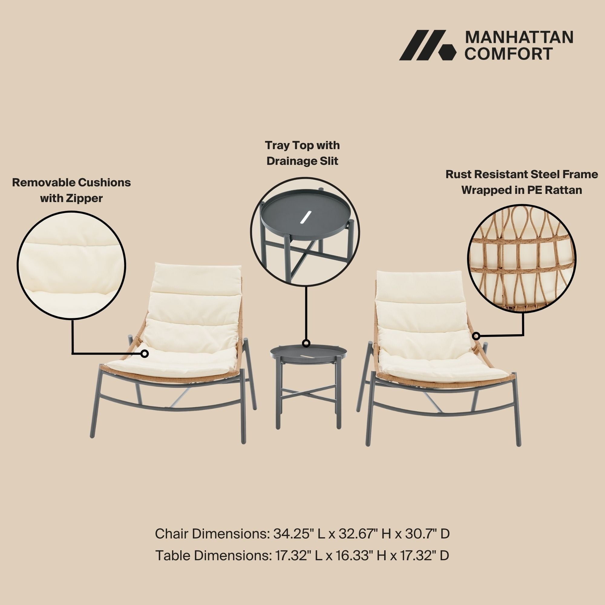 Manhattan Comfort Sunset 3-Piece Outdoor Conversation Set