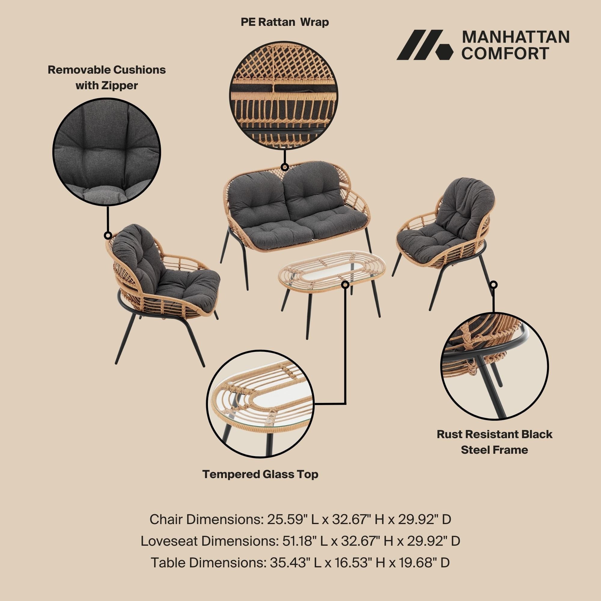 Manhattan Comfort Pine 4-Piece Conversation Set