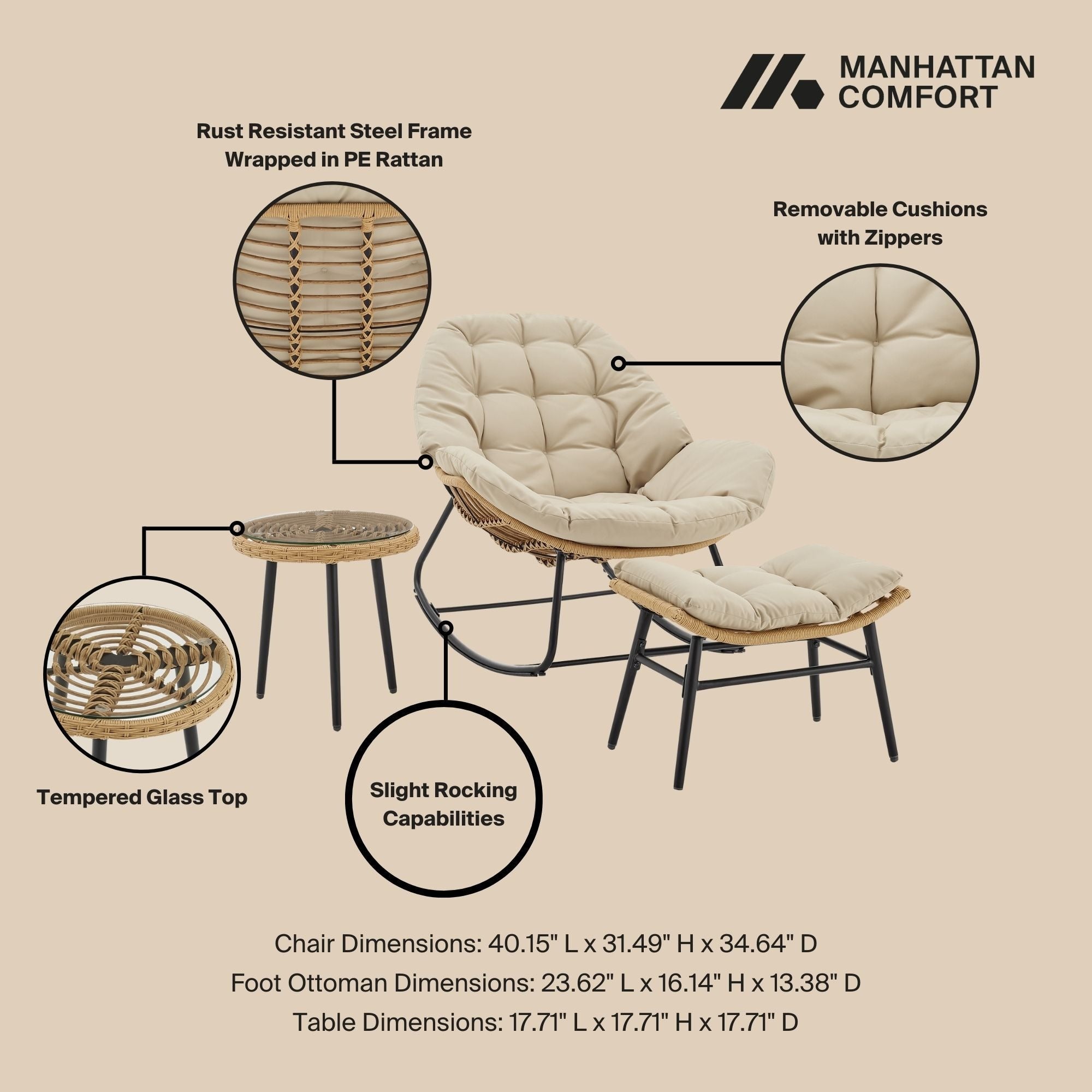 Manhattan Comfort Benson 3-Piece Outdoor Lounge Chair Set