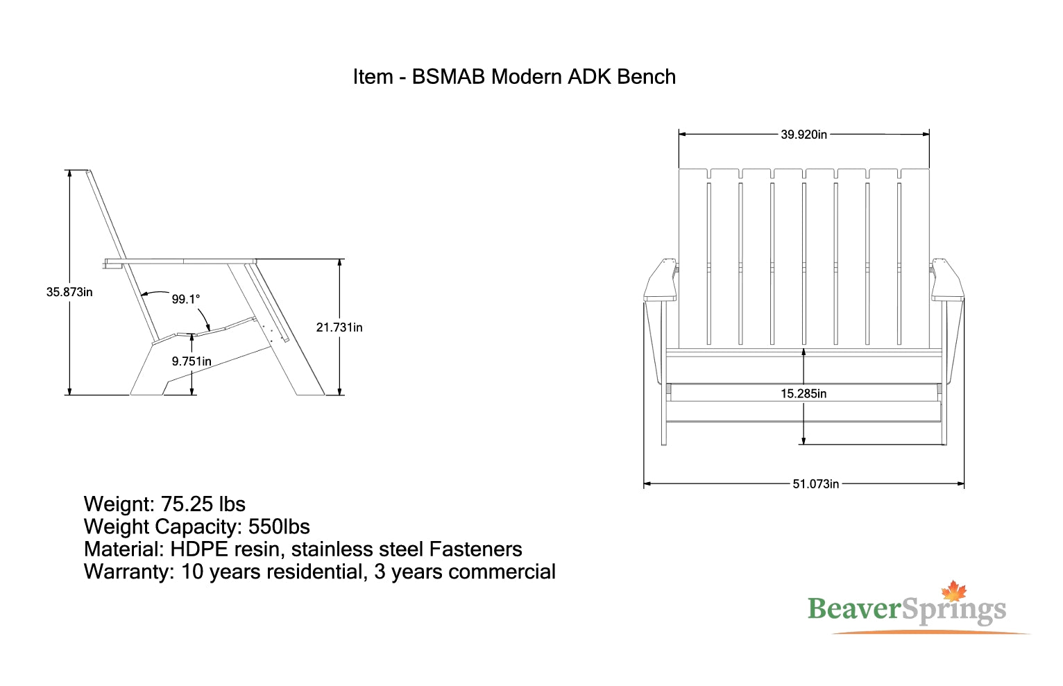 Beaver Springs Modern Adirondack Bench